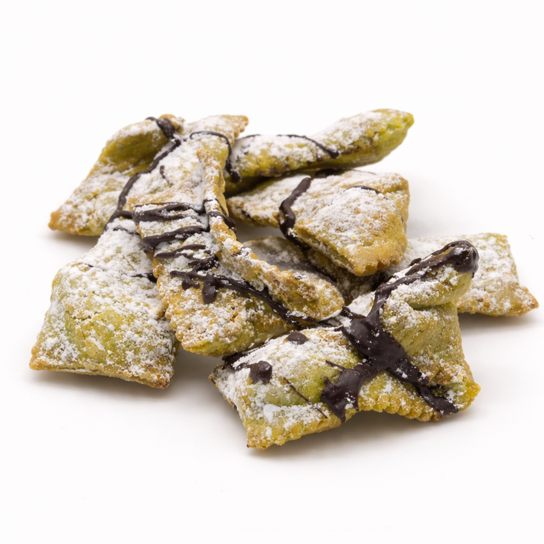 Chiacchiere al gusto di pistacchio variegate al cioccolato